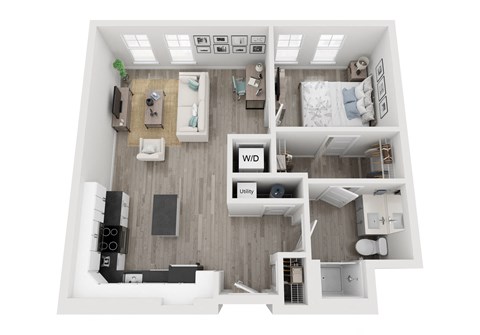 Floor plan for 1 bed, 1 bath, 858 sqft